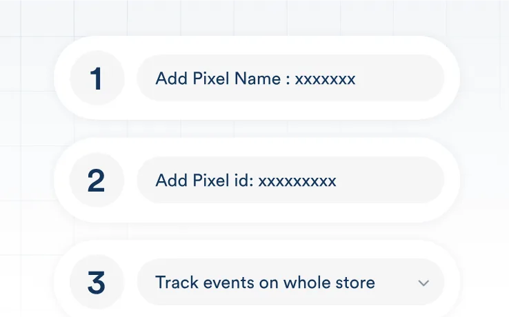 Three steps to connect social media pixels: add pixel name, add pixel ID, and choose whether to track events on the whole store.