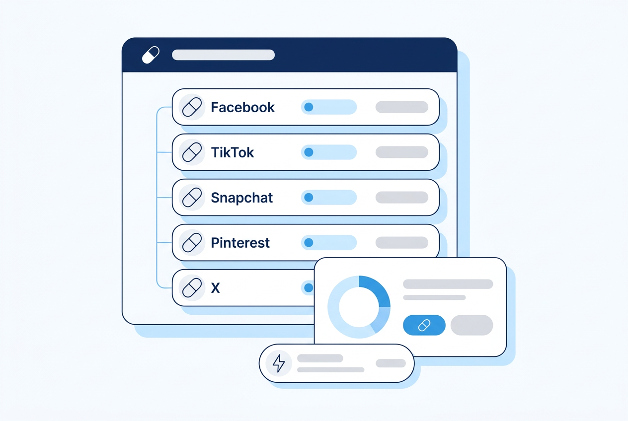 MultiPixels dashboard linked to Facebook, TikTok, Snapchat, Pinterest and X rows, each with a status chip.
