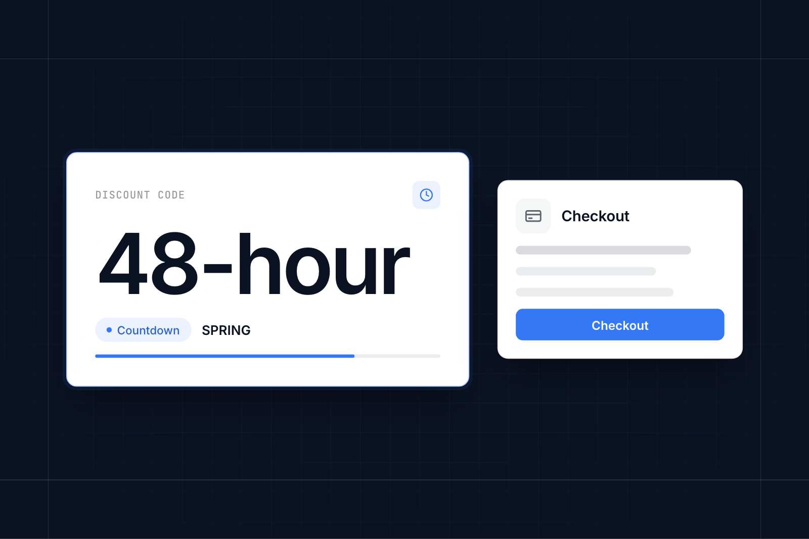 Online checkout screen with a discount code applied and a timer counting down from 48 hours.