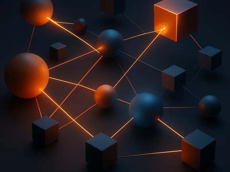 Abstract 3D spheres and cubes interconnected with glowing orange lines on a dark gradient background, symbolizing Meta Pixel event tracking for Shopify clicks and form submissions.