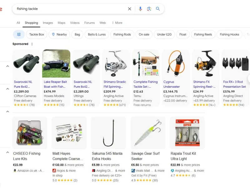 Google search results page for "fishing tackle," showing various products including fishing rods, reels, lures, and other equipment.