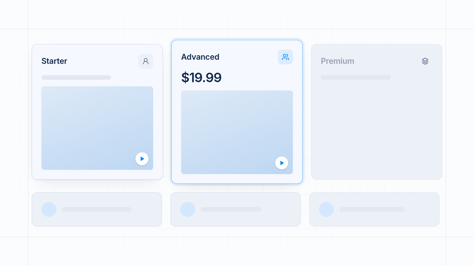 Pricing table with Starter, Advanced and Premium plans, and the Advanced row highlighted at $19.99.