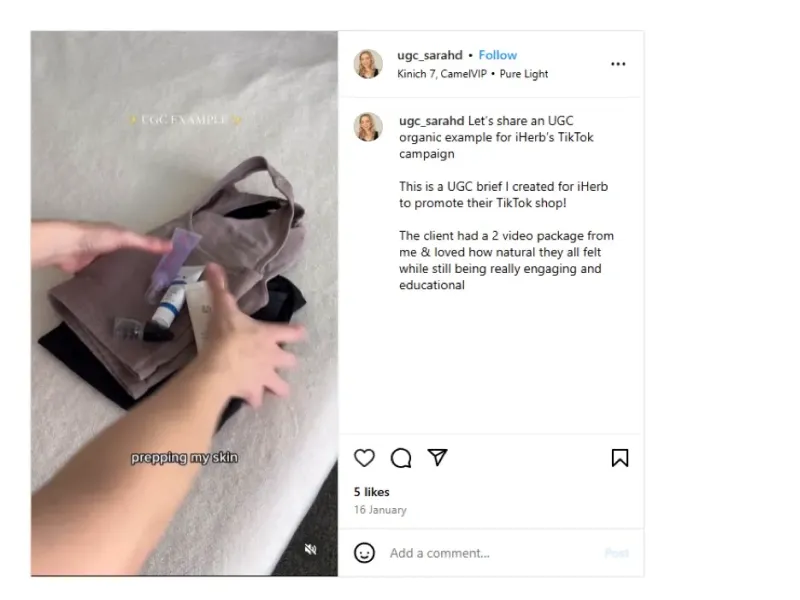 A TikTok UGC example showcasing skincare products, created for iHerb's campaign.  The client received a 2-video package.